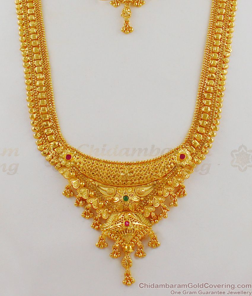 Artistic Original Gold Haaram Necklace Forming Bridal Combo Set With Earrings HR1649