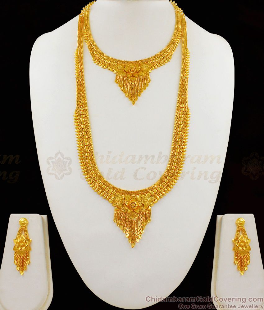 Look Like Real Gold Haaram And Necklace Forming Bridal Combo Set With Earrings HR1650