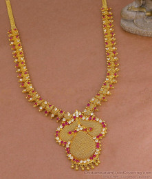 Grand AD Ruby And White Stone Long Necklace For Ladies  One Gram Gold Jewelry HR1654