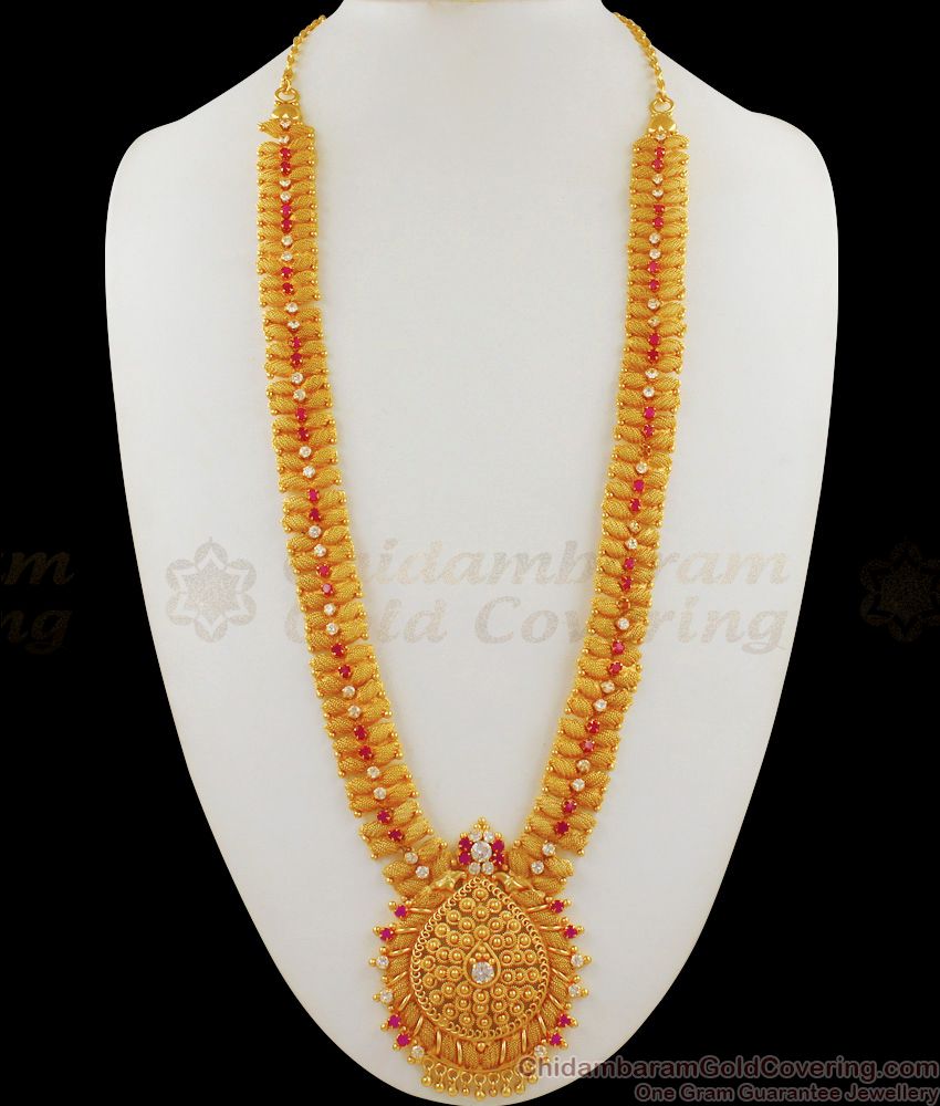 Luxury AD Ruby And White Stone Long Haaram For Ladies  One Gram Gold Jewelry HR1655