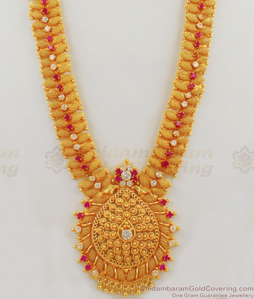 Luxury AD Ruby And White Stone Long Haaram For Ladies  One Gram Gold Jewelry HR1655