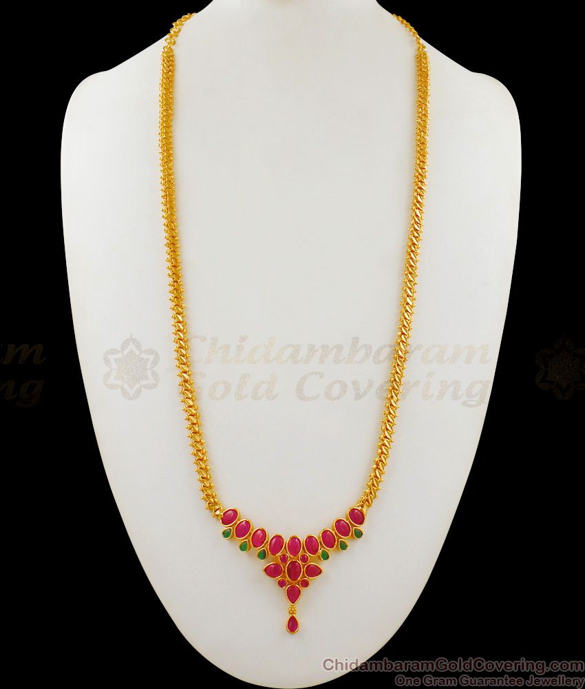 Long Chain Type Gold Haarams With Premium Kemp Stone Jewelry Shop Online HR1659