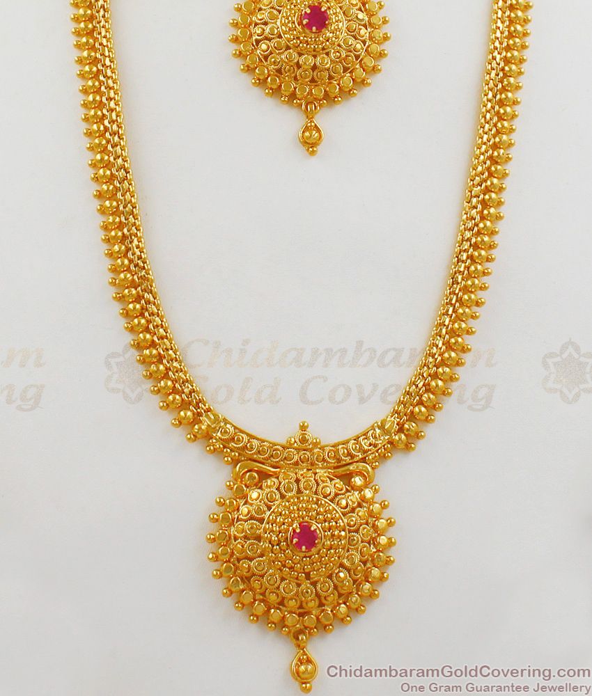 Wedding Bridal Combo Set One Gram Gold Single Ruby Stone Grand Model Haram Necklace HR1668