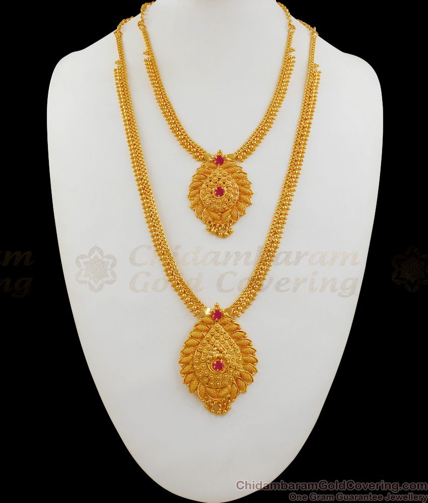 Stunning Bridal Combo Set Single Ruby Stone Gold Haram Necklace HR1669