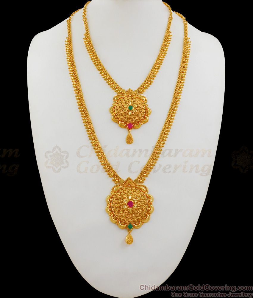 Grand Ruby And Emerald Stone Bridal Gold Haram Necklace Combo Set  HR1670