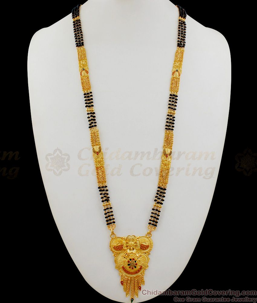 Traditional Gold Mangalsutra Design Long Thali Chain With Enamel Design For Women Hr1673