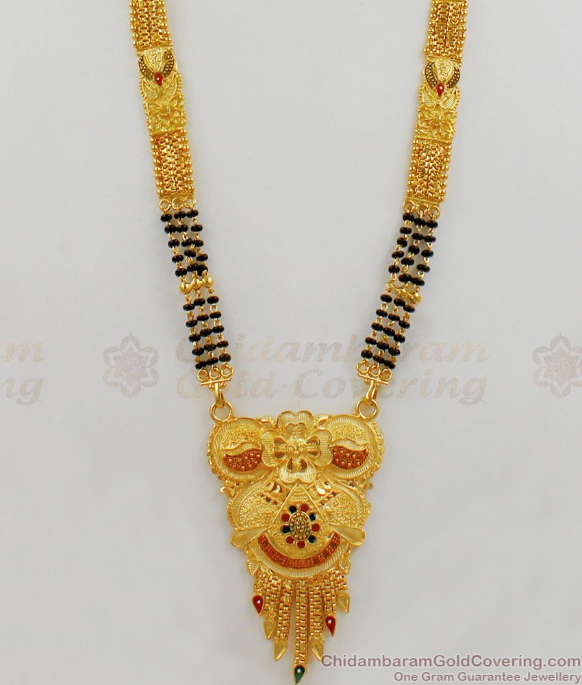 Traditional Gold Mangalsutra Design Long Thali Chain With Enamel Design For Women Hr1673