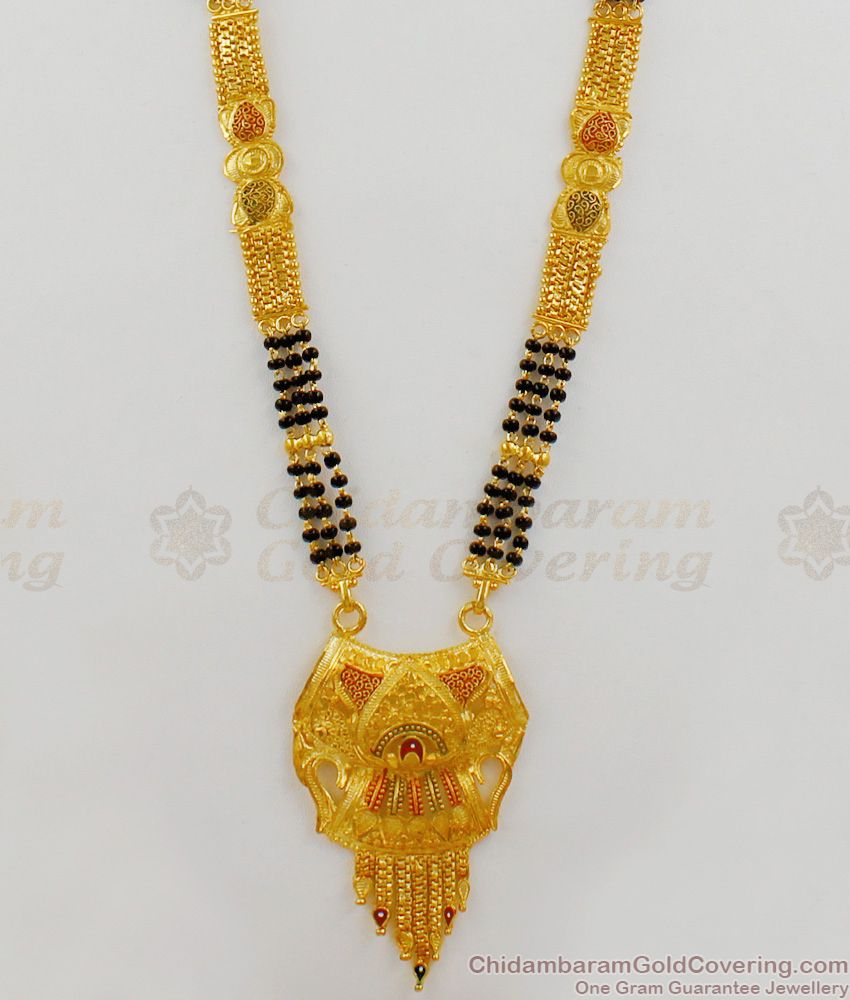 Multiline Gold Mangalsutra Design With Enamel Long Thali Chain Design For Women Hr1680