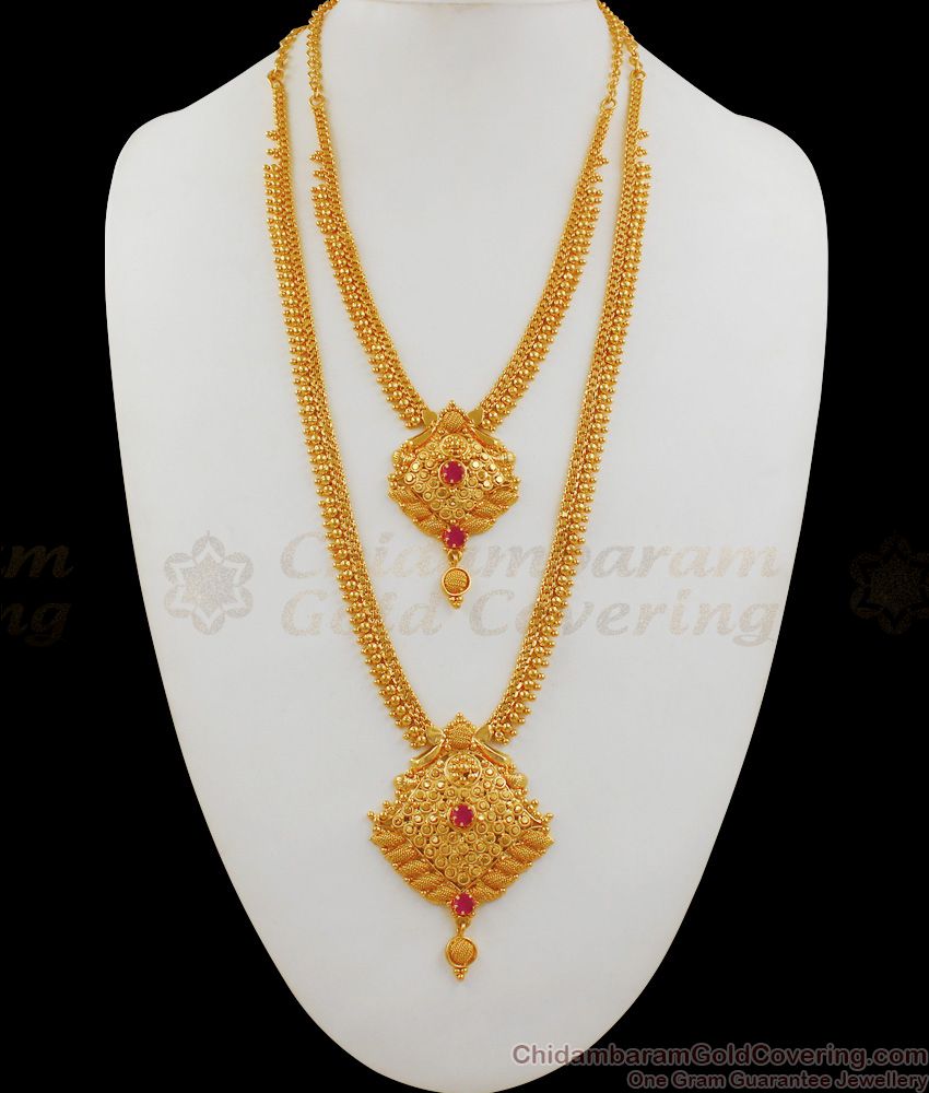 New Collection Ruby Stone Gold Haram Necklace Combo Set For Bridal Buy Chidambaram Gold Covering HR1683