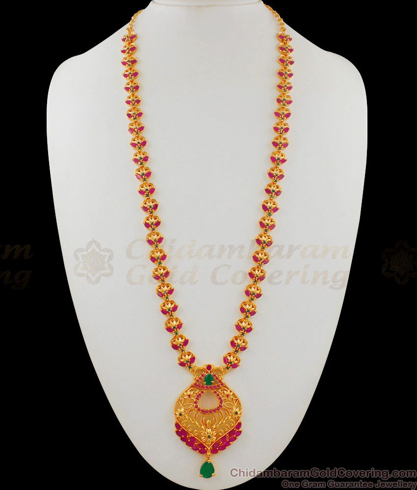 Most Wanted Grand Sparkling Full Ruby Emerald Gold Haaram Bridal Jewelry HR1690