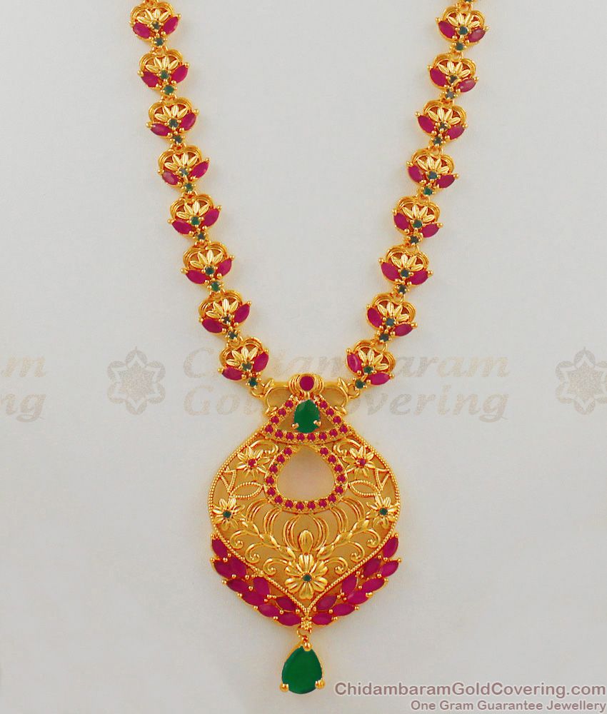 Most Wanted Grand Sparkling Full Ruby Emerald Gold Haaram Bridal Jewelry HR1690