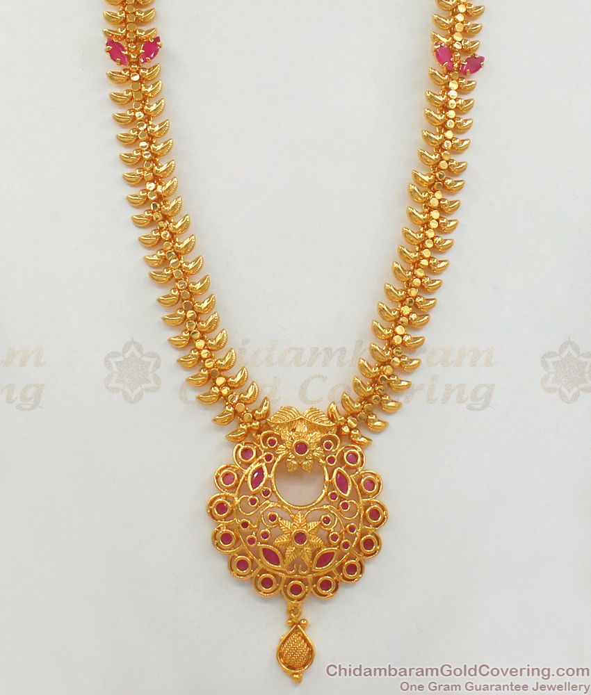 First Quality Gold Haaram  Design With Ruby Stone Long Necklace Jewelry HR1697