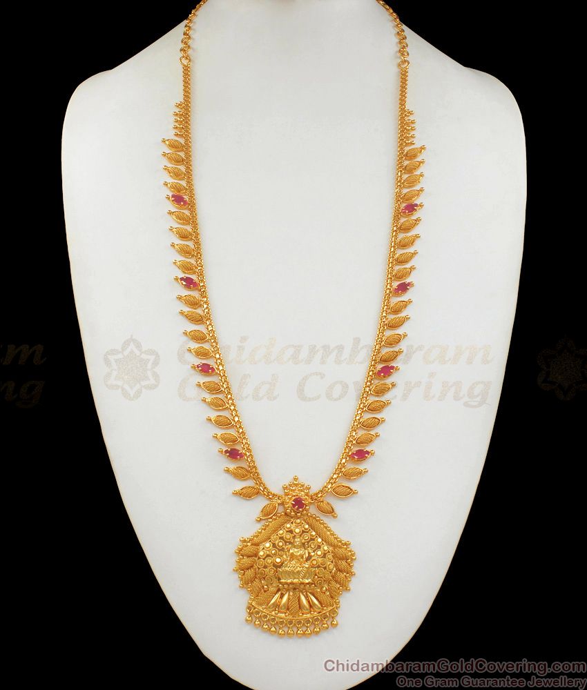 Traditional Gold Haaram Design With Ruby Stone Long Necklace Jewelry HR1698