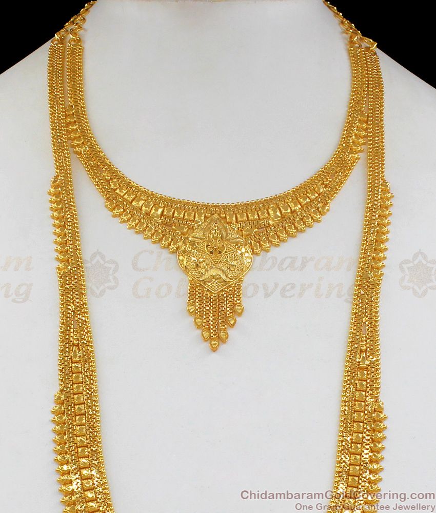  Attractive Forming Pattern Gold Haaram Necklace With Earrings Bridal Jewelry Set HR1702