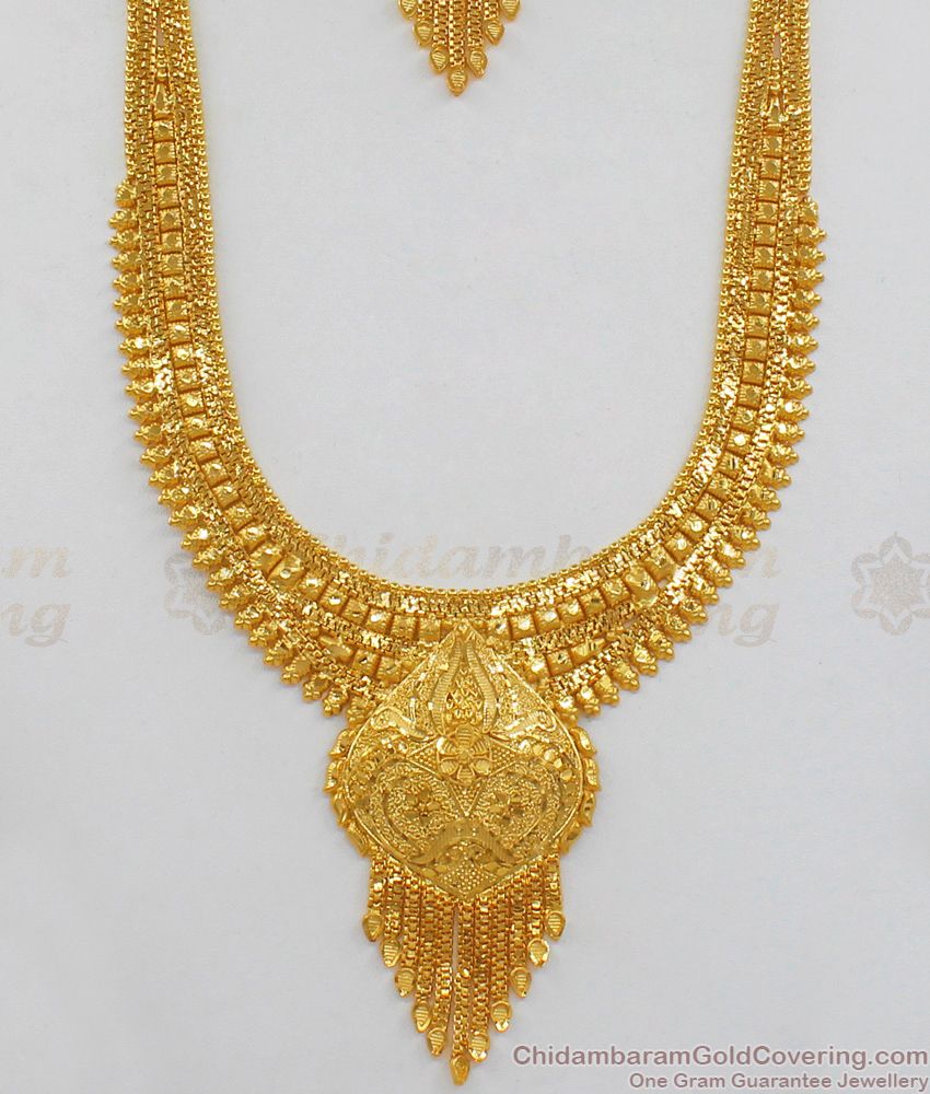  Attractive Forming Pattern Gold Haaram Necklace With Earrings Bridal Jewelry Set HR1702