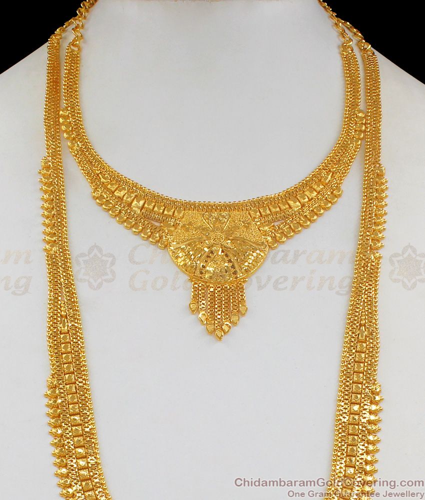 Stunning Bridal Wear Gold Haaram Necklace With Earrings Bridal Jewelry Set HR1703