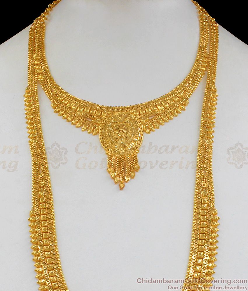 Bridal Wear Forming Pattern Gold Haaram Necklace With Earrings Bridal Jewelry Set HR1704