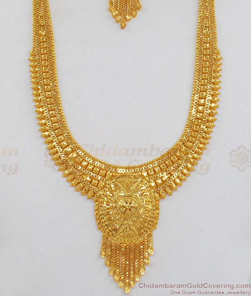 Bridal Wear Forming Pattern Gold Haaram Necklace With Earrings Bridal Jewelry Set HR1704