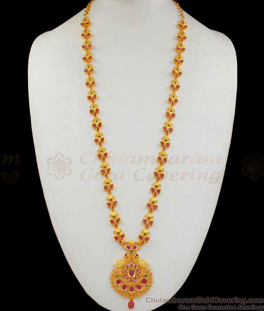 Stunning Gold Haaram Design With Multi Stone Long Necklace With Earring HR1705