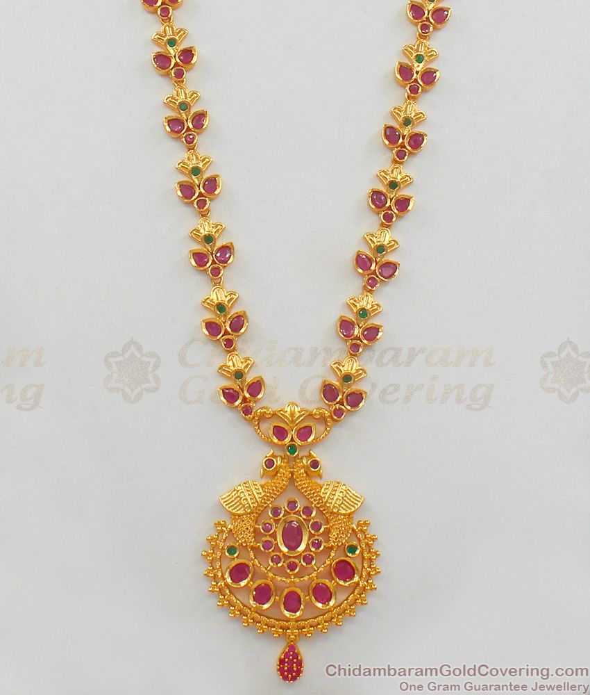 Stunning Gold Haaram Design With Multi Stone Long Necklace With Earring HR1705