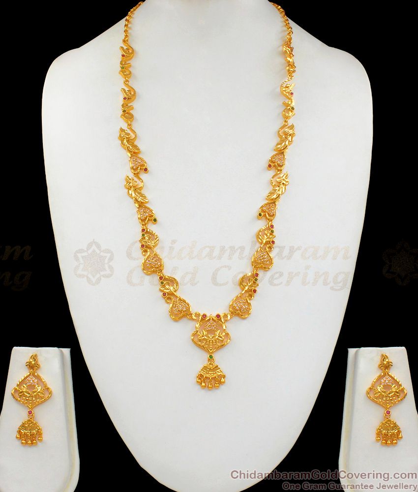 Sri Lankan Model Gold Haaram  Design With Multi Stone Long Necklace With Earring  HR1706