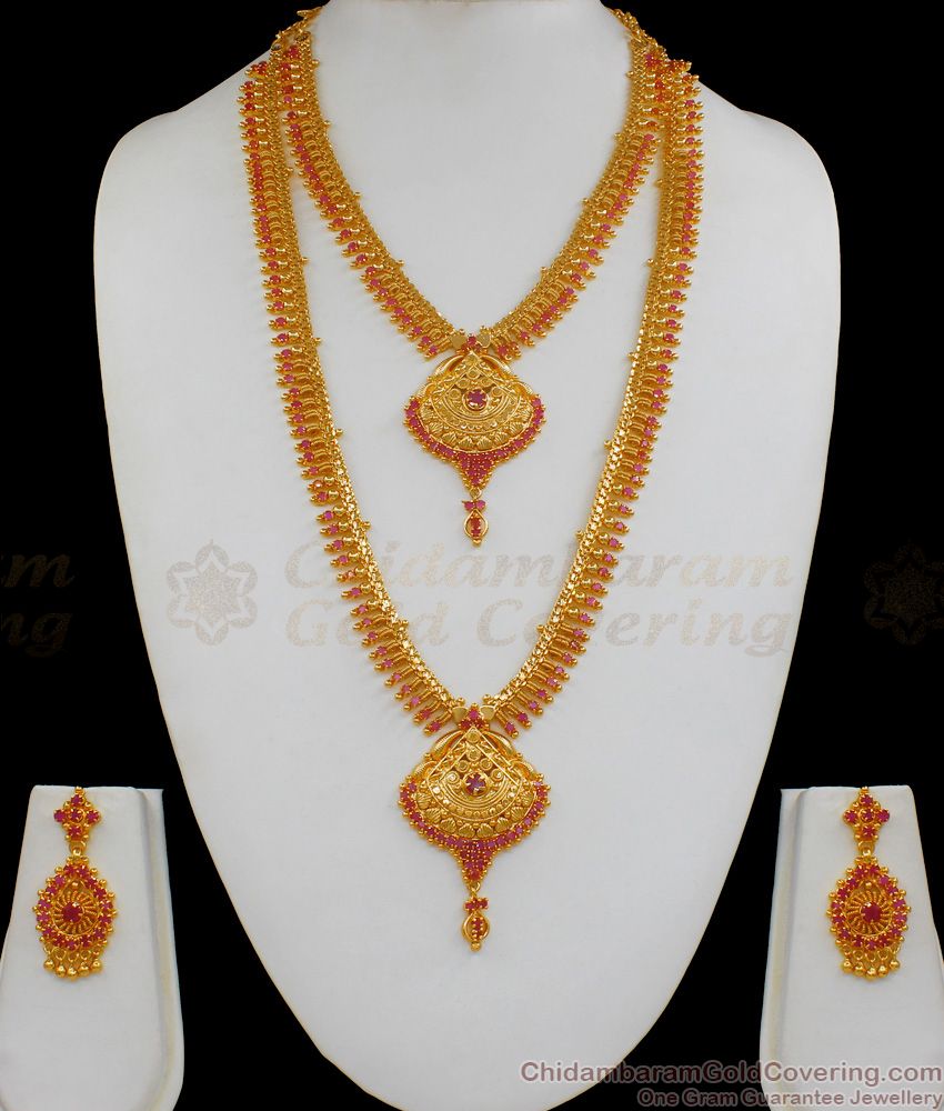 Full Ruby Stone Gold Haaram Necklace Combo Set For Women HR1718