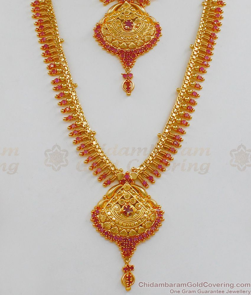 Full Ruby Stone Gold Haaram Necklace Combo Set For Women HR1718