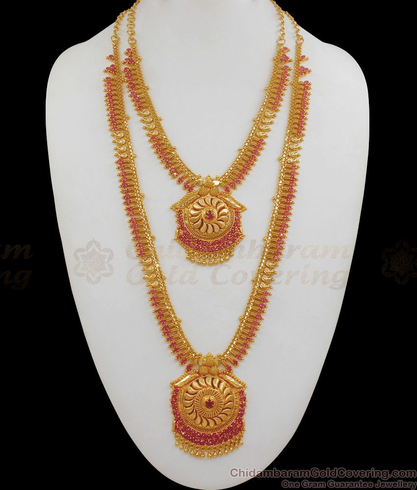 Elegant Full Ruby Stone Gold Haaram Necklace Combo Set For Women HR1750