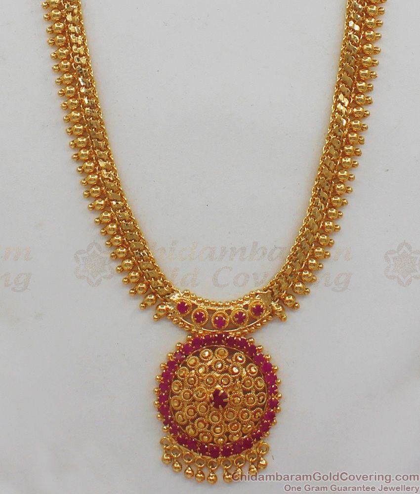 New Arrival Kerala Ruby Stone Gold Haaram Design For Wedding Collection HR1770