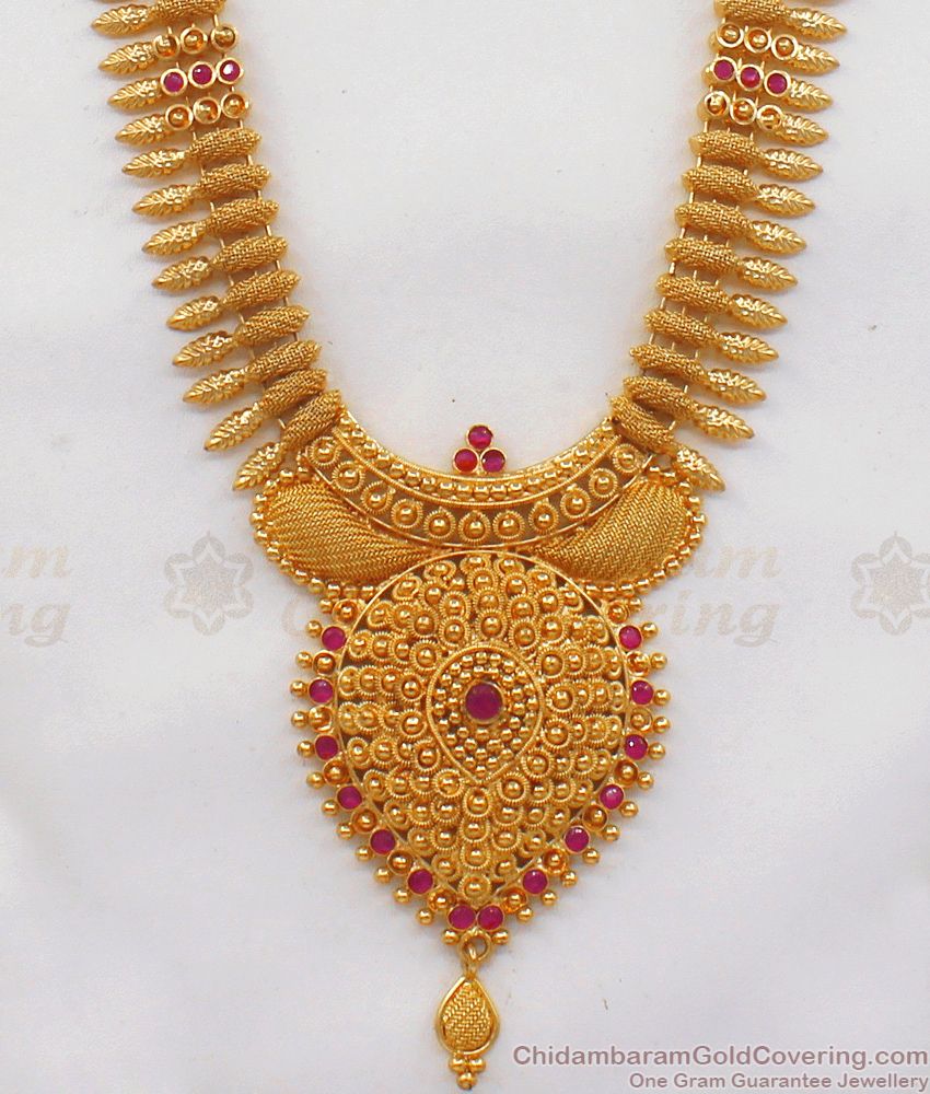 Latest Net Pattern Gold Haram Design With Ruby Stone Gold Plated Jewelry HR1788