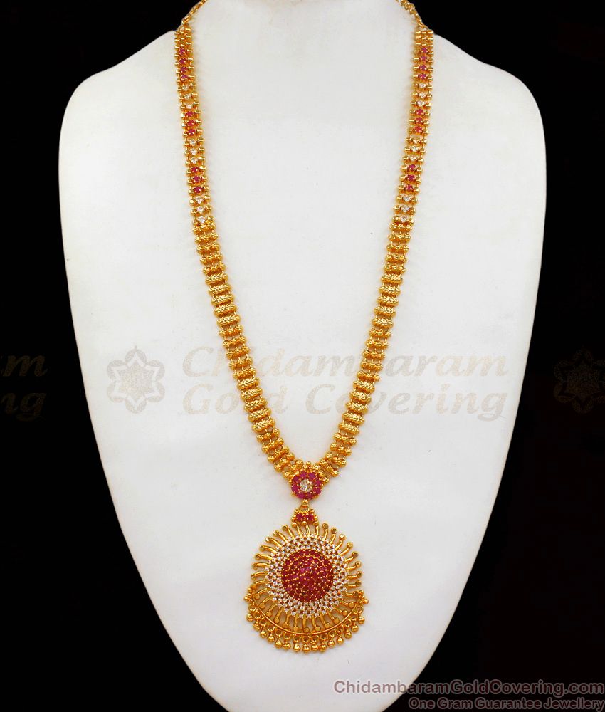  Trendy Gold Haaram With Ruby And AD White Stone Design For Wedding Collection HR1790