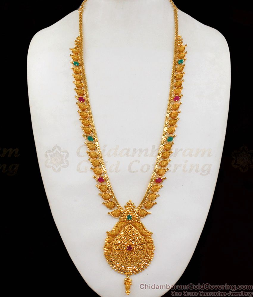 One Gram Gold Haaram Design With Ruby Emerald Stone Long Necklace Jewelry HR1791