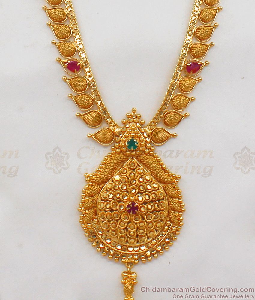 One Gram Gold Haaram Design With Ruby Emerald Stone Long Necklace Jewelry HR1791 One Gram Gold Haaram Design With Ruby Emerald Stone Long Necklace Jewelry HR1791