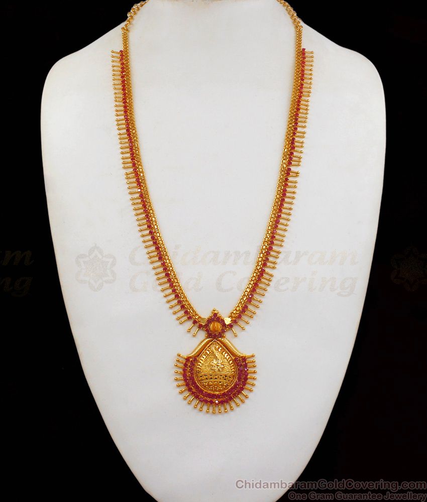 Latest Ruby Stone Mullai Design Gold Haram For Bridal Wear HR1806