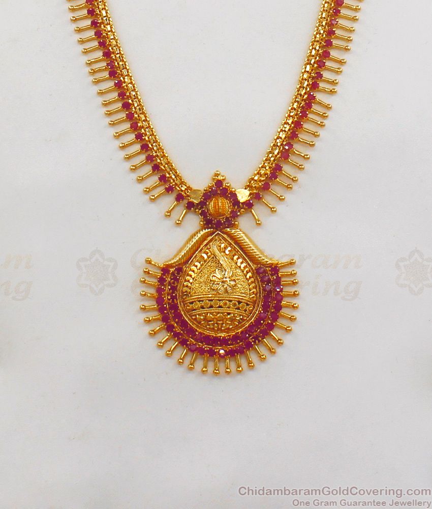 Latest Ruby Stone Mullai Design Gold Haram For Bridal Wear HR1806