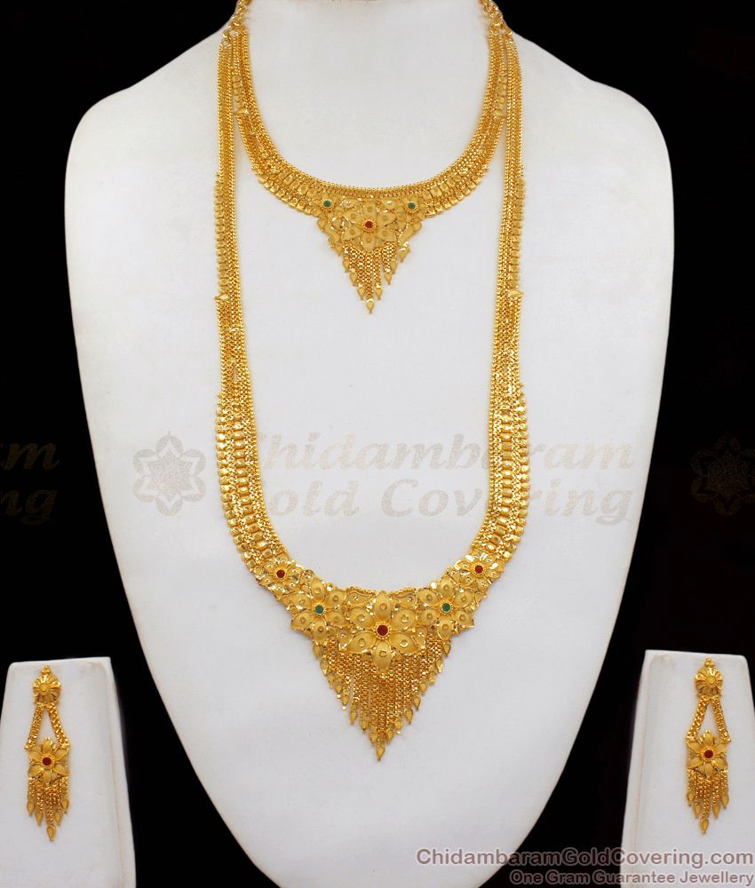 Real Gold Design Forming Ruby Emerald Bridal Necklace Combo Set HR1814