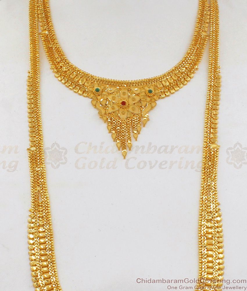 Real Gold Design Forming Ruby Emerald Bridal Necklace Combo Set HR1814