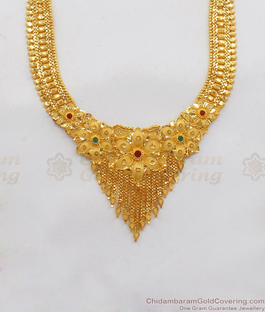 Real Gold Design Forming Ruby Emerald Bridal Necklace Combo Set HR1814