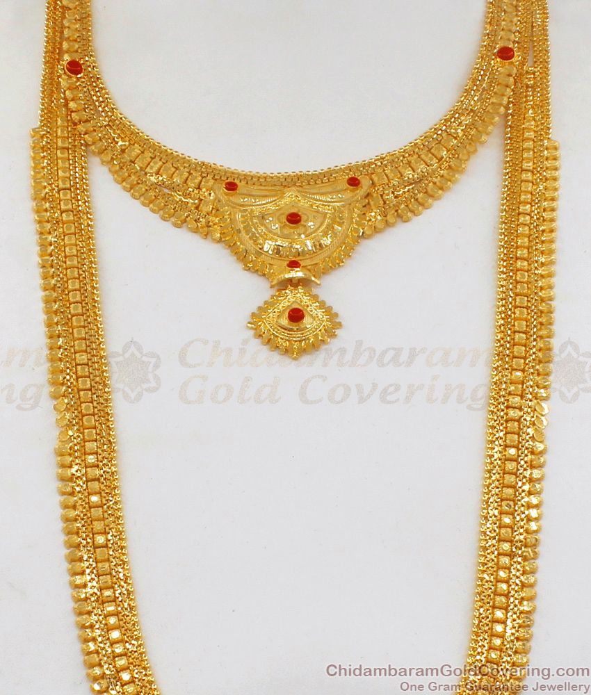 Karnataka Traditional Gold Forming Pavala Stone Long Necklace Combo Set HR1815