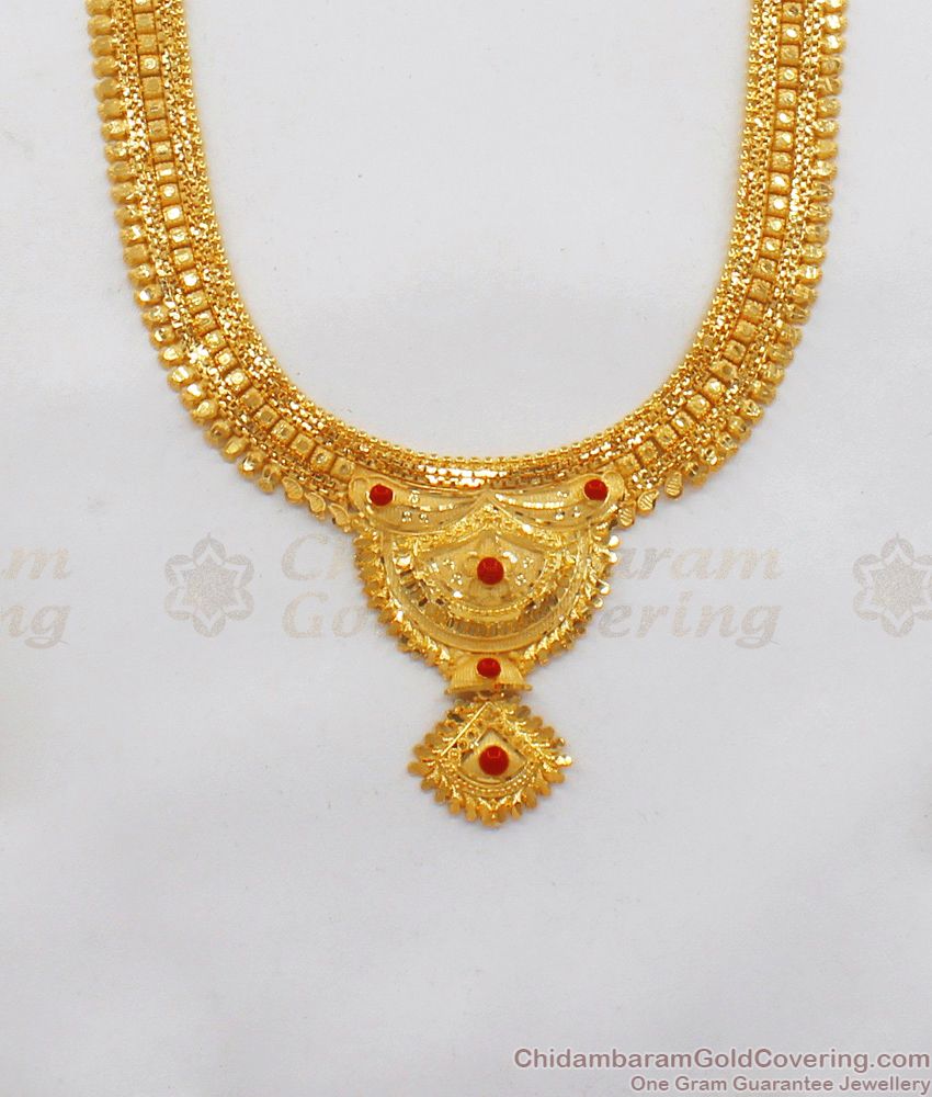 Karnataka Traditional Gold Forming Pavala Stone Long Necklace Combo Set HR1815