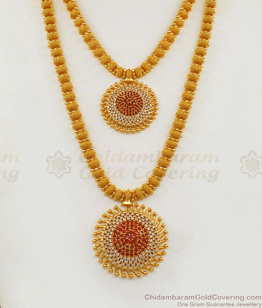 Ravishing Ruby White Stone Gold Haaram With Necklace Earrings HR1834