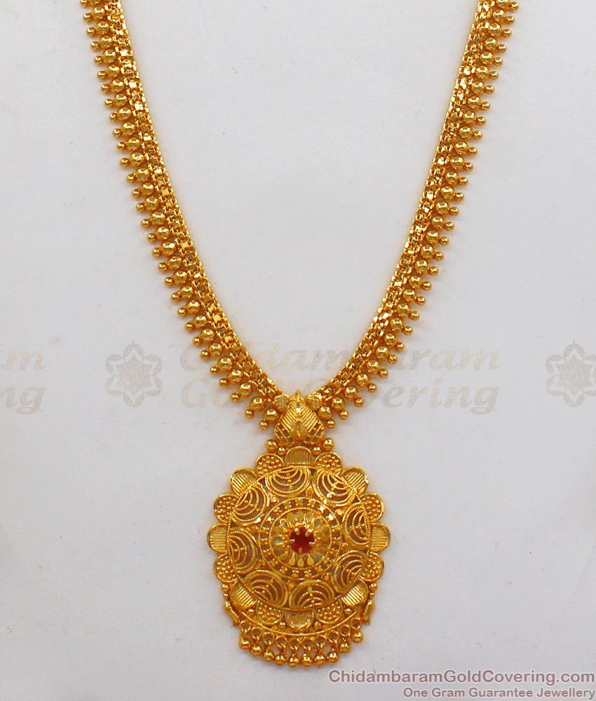 Impressive Ruby Stone One Gram Gold Haram For Party Wear HR1843