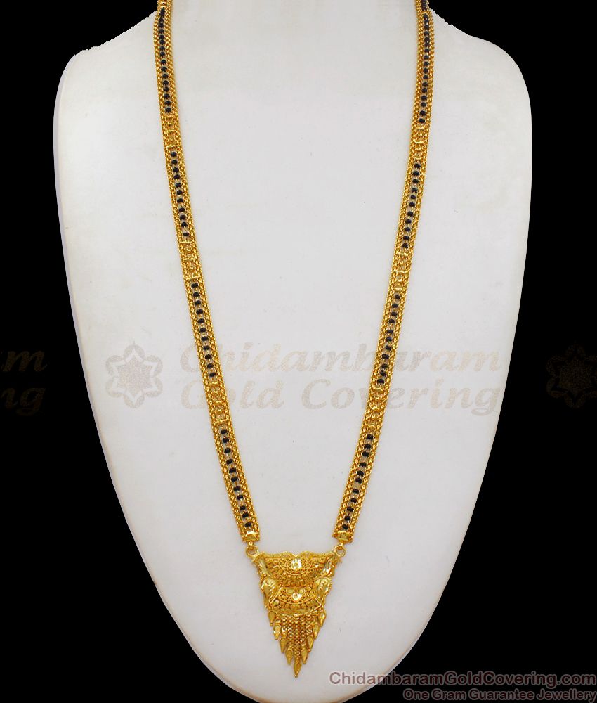 Forming Design Gold Black Beads Three Line Mangalsutra Long Thali Chain HR1858