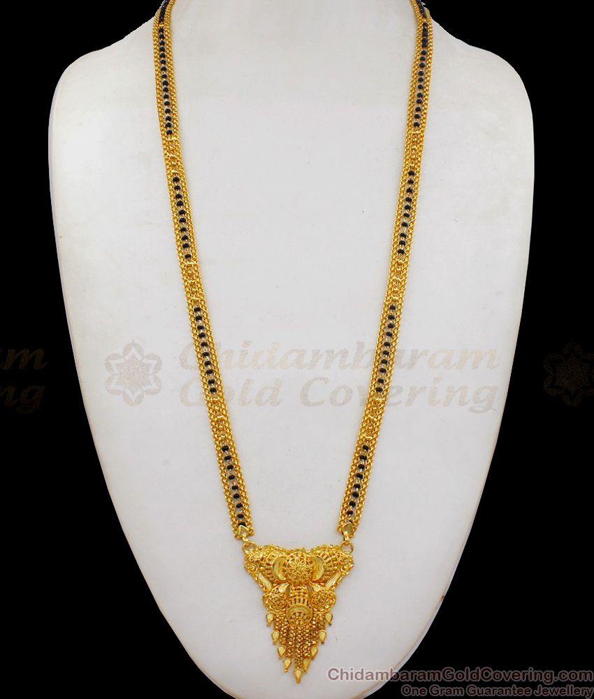 One Gram Design Gold Black Beads Thick Mangalsutra Long Thali Chain HR1859