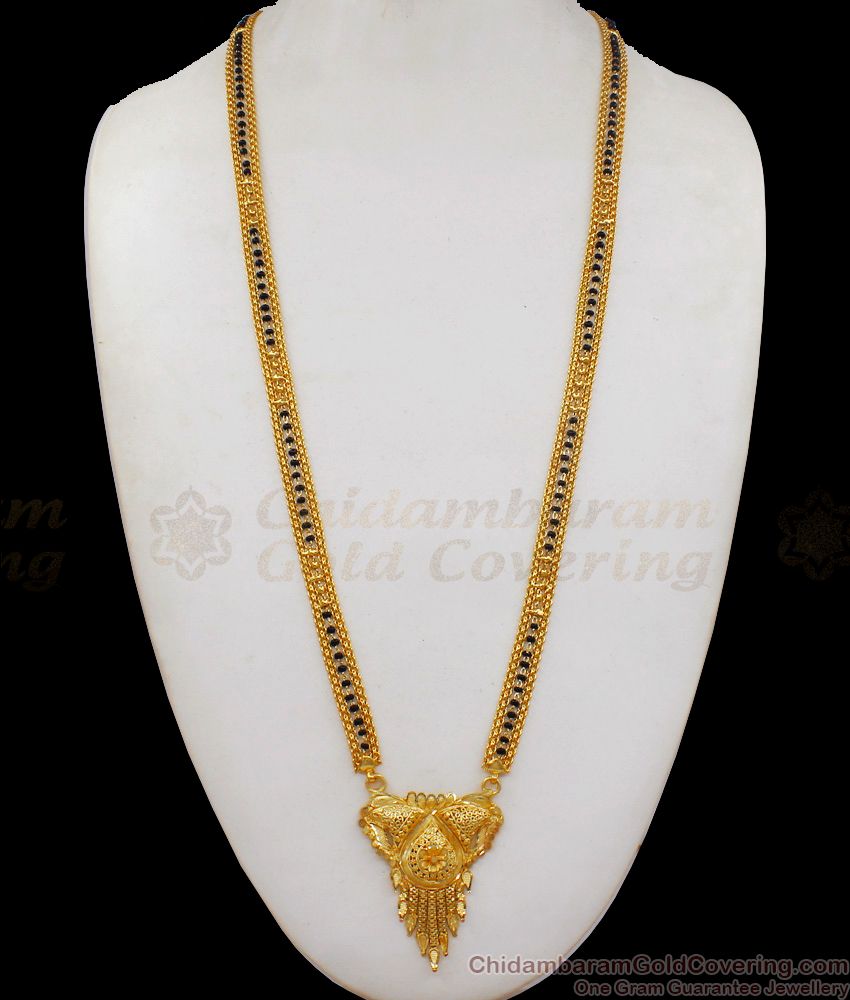Thick Mangalsutra Forming Design Gold Black Beads Long Thali Chain HR1860