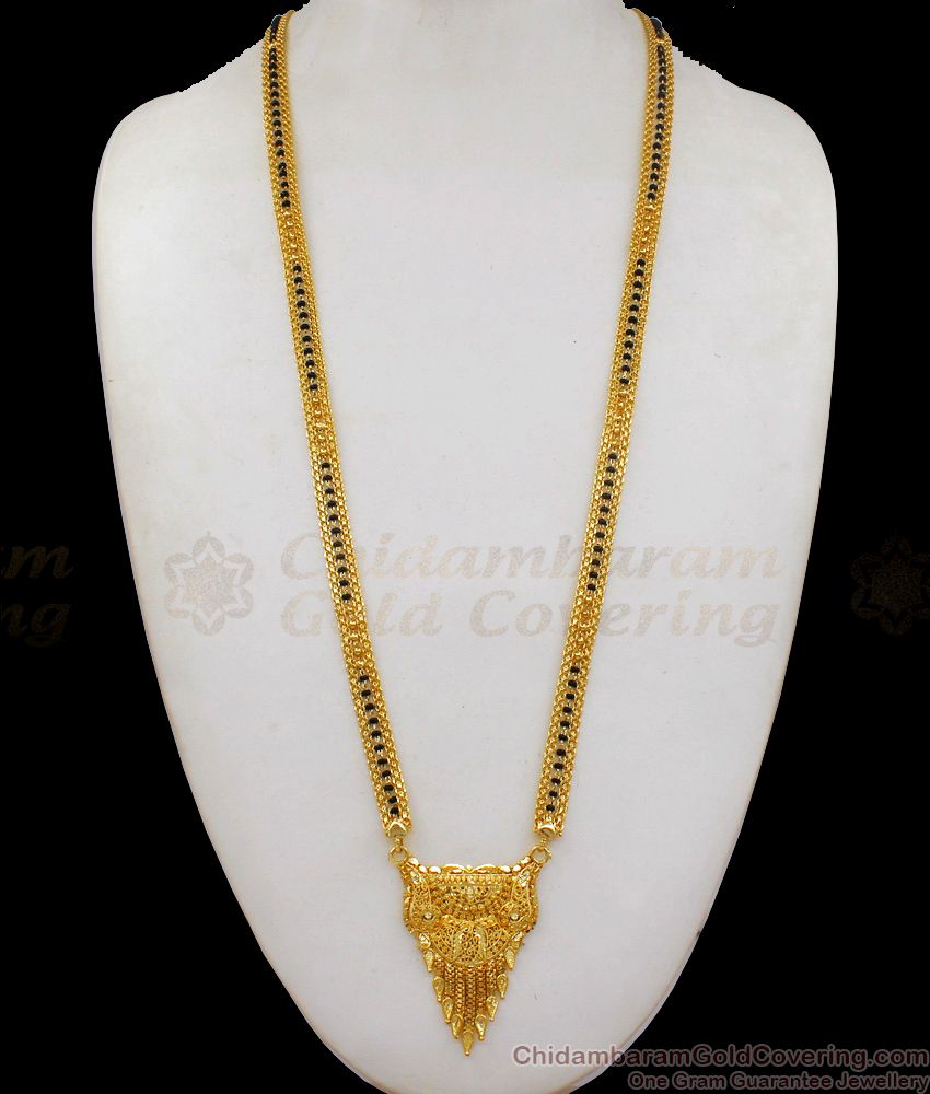 Forming Design Gold Black Beads Thick Mangalsutra Long Thali Chain HR1861