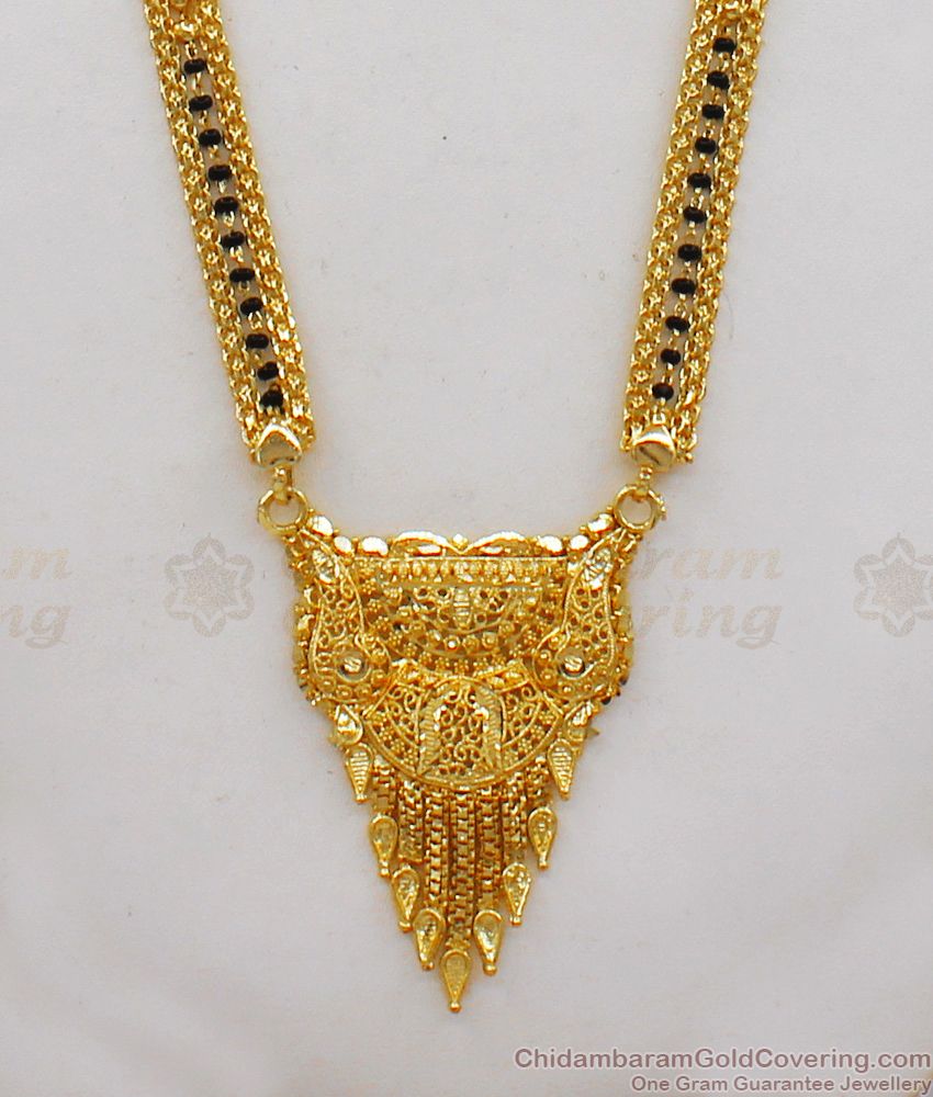 Forming Design Gold Black Beads Thick Mangalsutra Long Thali Chain HR1861