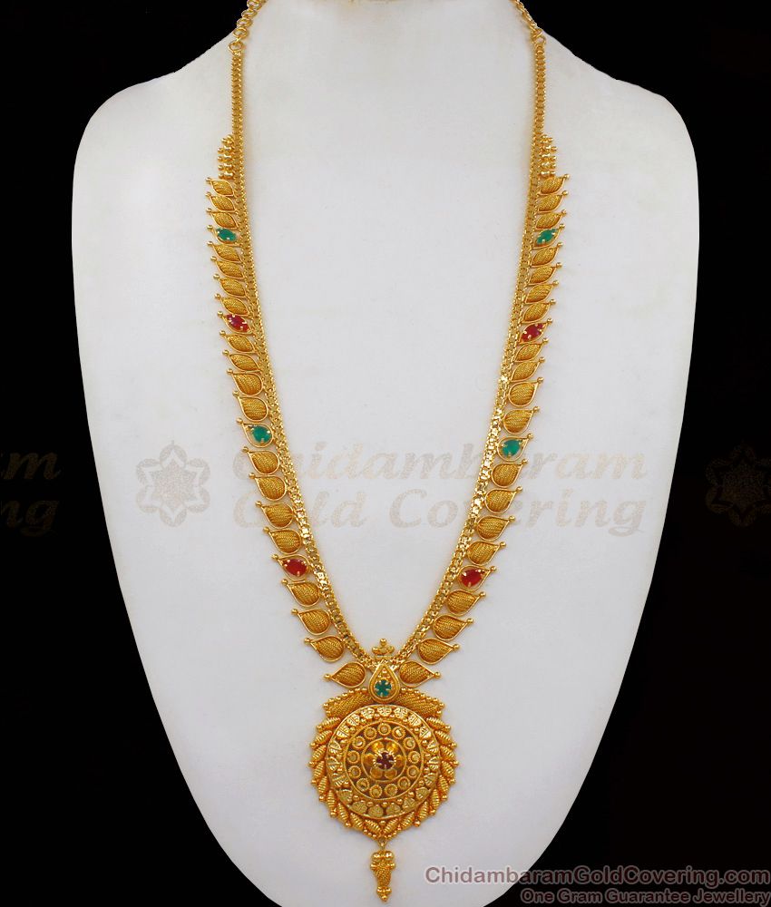 Ruby Emerald Stone One Gram Gold Haram For Bridal Wear HR1873 Ruby Emerald Stone One Gram Gold Haram For Bridal Wear HR1873