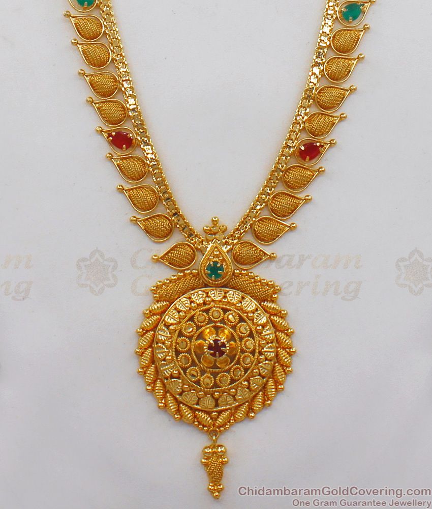 Ruby Emerald Stone One Gram Gold Haram For Bridal Wear HR1873 Ruby Emerald Stone One Gram Gold Haram For Bridal Wear HR1873