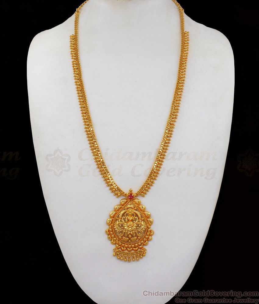 Traditional Lakshmi Design One Gram Gold Haram Long Necklace HR1877